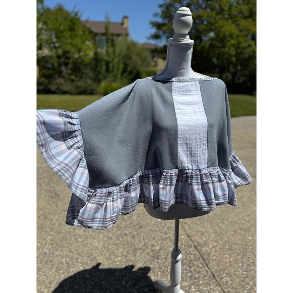 Handmade and Upcycled Ruffled Poncho Organic Cotton One Size | SAME DAY SHIP - Picture 3 of 8